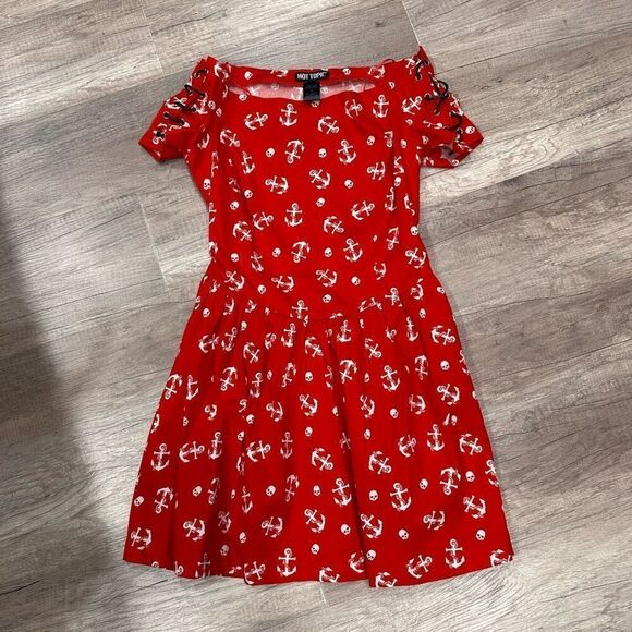 NWT Hot Topic Red Sailor Mini Dress Anchors & Skulls Medium Off Shoulder Lace Up - Picture 15 of 15